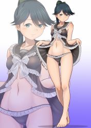 Rule 34 | 1girl, alternate costume, babydoll, black panties, blue eyes, blue hair, breasts, collarbone, full body, high ponytail, houshou (kancolle), kantai collection, lingerie, moke ro, panties, ponytail, small breasts, smile, solo, standing, underwear, underwear only
