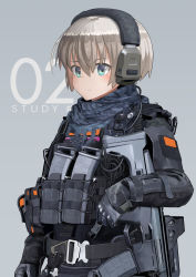 Rule 34 | 1girl, adaptive combat rifle, aqua eyes, assault rifle, autism wanderer, bad id, bad pixiv id, blonde hair, commentary, english commentary, gloves, gun, headset, highres, load bearing vest, military, original, rifle, short hair, simple background, solo, weapon