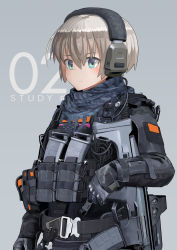 1girl adaptive_combat_rifle aqua_eyes assault_rifle autism_wanderer bad_id bad_pixiv_id blonde_hair commentary english_commentary gloves gun headset highres load_bearing_vest military original rifle short_hair simple_background solo weapon