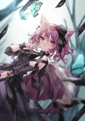 Rule 34 | 1girl, animal ears, arknights, black dress, black hat, bug, butterfly, dress, hat, highres, insect, long hair, looking at viewer, mini hat, official alternate costume, purple eyes, purple hair, saiko (saisaka), shamare (arknights), shamare (echo of the horrorlair) (arknights), smile, solo, tail, tilted headwear, wolf ears, wolf girl, wolf tail