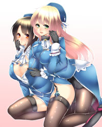Rule 34 | 10s, 2girls, atago (kancolle), bad id, bad pixiv id, black gloves, black hair, black legwear, blonde hair, blush, breasts, cleavage, garter straps, gloves, hat, highres, kantai collection, large breasts, long hair, looking at viewer, military, military uniform, multiple girls, pantyhose, personification, red eyes, short hair, smile, takao (kancolle), thighhighs, uniform, yutazou