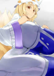Rule 34 | 1girl, blonde hair, breasts, brown eyes, covered erect nipples, female focus, fox tail, gigantic breasts, gradient background, hands on own chest, hat, huge breasts, kneeling, long sleeves, multiple tails, nipples, puffy nipples, seiza, short hair, sitting, smile, solo, suica kkk, tail, touhou, yakumo ran, yashai, yellow eyes