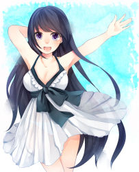 Rule 34 | 1girl, arms up, black hair, breasts, cleavage, dress, highres, large breasts, long hair, original, panties, purple eyes, sasakichi (ssk chi), see-through, see-through silhouette, smile, solo, thigh gap, underwear