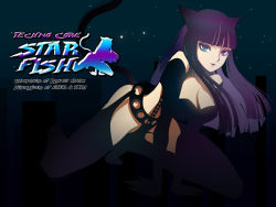 Rule 34 | 1girl, animal ears, blunt bangs, breasts, cat ears, cat tail, chaps, djmax, djmax portable, heterochromia, kneeling, large breasts, lips, lipstick, makeup, night, outdoors, silhouette, sky, solo, squatting, star (symbol), tail, tari, text focus, thighhighs
