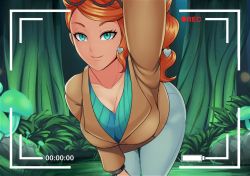 Rule 34 | 1girl, blush, breasts, cleavage, creatures (company), game freak, green eyes, jacket, large breasts, leaning, leaning forward, long hair, looking at viewer, nintendo, orange hair, pants, pokemon, pokemon swsh, ponytail, recording, revolverwing, shiny clothes, shiny skin, smile, solo, sonia (pokemon), viewfinder