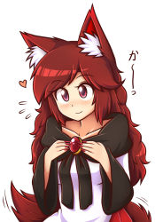 Rule 34 | 1girl, animal ear fluff, animal ears, blush, brooch, brown hair, collarbone, flying sweatdrops, hands on own chest, heart, imaizumi kagerou, jewelry, long hair, long sleeves, shirt, smile, solo, tail, tail wagging, touhou, upper body, very long hair, wavy hair, wide sleeves, wolf ears, wolf tail, wool (miwol)