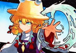 Rule 34 | 1girl, blonde hair, blue background, brown headwear, closed mouth, gradient background, green eyes, jewelry, long sleeves, looking at viewer, magatama, magatama necklace, moriya suwako, necklace, outstretched arm, purple vest, qqqrinkappp, ribbon-trimmed sleeves, ribbon trim, shirt, short hair, sidelocks, smile, solo, touhou, traditional media, turtleneck, upper body, v-shaped eyebrows, vest, water, white shirt, wide sleeves