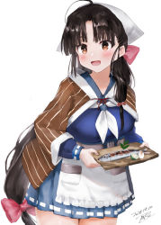 Rule 34 | 1girl, ahoge, bad id, bad twitter id, black hair, blue skirt, blush, breasts, brown eyes, brown shawl, cosplay, cowboy shot, dated, fish, jingei (kancolle), jingei (kancolle) (cosplay), kantai collection, large breasts, long hair, long sleeves, neckerchief, open mouth, pleated skirt, saury, shawl, shouhou (kancolle), signature, simple background, skirt, smile, solo, toka (marchlizard), very long hair, white background, white neckerchief