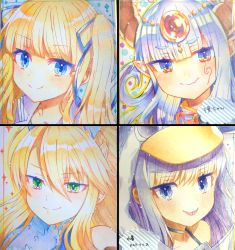 Rule 34 | 4girls, akirannu, animal hood, artoria pendragon (all), artoria pendragon (fate), artoria pendragon (swimsuit ruler) (fate), bare shoulders, blonde hair, blue eyes, blue ribbon, closed mouth, collarbone, commentary request, copyright request, fang, fang out, fate/grand order, fate (series), hair between eyes, hair ribbon, headpiece, highres, hood, hood up, horns, meltryllis, meltryllis (fate), meltryllis (swimsuit lancer) (fate), meltryllis (swimsuit lancer) (first ascension) (fate), multiple girls, penguin hood, pointy ears, portrait, purple eyes, purple hair, ribbon, sailor collar, shikishi, silver hair, smile, thick eyebrows, white sailor collar
