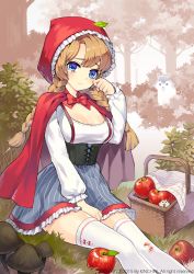 Rule 34 | 10s, 1girl, 2015, apple, artist name, blonde hair, blood, blue eyes, blue skirt, blush, braid, breasts, bush, cape, chipmunk, cleavage, corset, day, english text, food, frilled sleeves, frills, fruit, grass, head tilt, highres, hood, injury, kinchee, long hair, long sleeves, looking at viewer, medium breasts, miniskirt, mushroom, on ground, original, outdoors, picnic basket, shirt, sitting, skirt, solid circle eyes, solo, squirrel, striped clothes, striped skirt, swept bangs, tears, thighhighs, torn clothes, torn thighhighs, tree, twin braids, underbust, watermark, white shirt, white thighhighs, wiping tears, wolf, zettai ryouiki