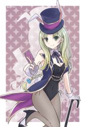 Rule 34 | 1girl, animal ears, atelier (series), atelier lulua, bare shoulders, black leotard, blonde hair, bow, bowtie, breasts, card, cleavage, commentary request, detached collar, fake animal ears, fake tail, fishnet pantyhose, fishnets, green eyes, hat, high heels, karasumi (aiseec), leotard, long hair, medium breasts, pantyhose, piana (atelier), playboy bunny, rabbit ears, rabbit tail, solo, standing, strapless, strapless leotard, tail, top hat, wrist cuffs
