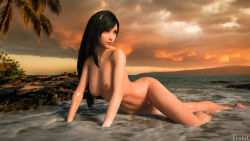 Rule 34 | 1girl, 3d, beach, black hair, breasts, closed mouth, completely nude, erobit, final fantasy, final fantasy vii, final fantasy vii remake, highres, legs, lips, long hair, looking to the side, medium breasts, nature, nipples, nude, ocean, outdoors, palm tree, red eyes, solo, square enix, sunset, tifa lockhart, tree, water, waves, wet