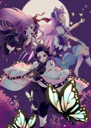Rule 34 | 3girls, :d, absurdres, bb (fate), black footwear, black hair, black skirt, blue eyes, boots, bow, bug, butterfly, butterfly hair ornament, choker, closed mouth, crescent, crescent earrings, cure selene, dress, earrings, fate/extra, fate (series), floating hair, full moon, gradient hair, hair bow, hair ornament, hand on own knee, haori, high heel boots, high heels, highres, holding, holding sword, holding weapon, insect, jacket, japanese clothes, jewelry, kimetsu no yaiba, knee boots, kochou shinobu, long hair, looking at viewer, miniskirt, moon, multicolored hair, multiple girls, neck ribbon, open mouth, pants, precure, profile, purple background, purple choker, purple dress, purple eyes, purple hair, purple jacket, purple pants, red bow, red ribbon, ribbon, shipu (gassyumaron), shirt, short hair, short sleeves, skirt, smile, star twinkle precure, sword, thigh boots, thighhighs, tongue, tongue out, uniform, very long hair, weapon, white footwear, white shirt, white sleeves, zettai ryouiki