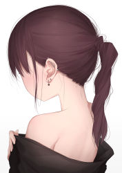 Rule 34 | 1girl, bad id, bad pixiv id, bare shoulders, black shirt, blush, brown hair, commentary request, ear piercing, earrings, facing away, from behind, heart, heart earrings, highres, jewelry, kanju, long hair, nape, off shoulder, original, piercing, ponytail, shirt, simple background, solo, upper body, white background