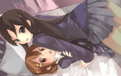 Rule 34 | 2girls, akiyama mio, all fours, arm support, bed, black eyes, black hair, blazer, blush, brown eyes, brown hair, dutch angle, female focus, girl on top, hase neet, hime cut, hirasawa yui, jacket, k-on!, long hair, looking at viewer, lying, multiple girls, on back, open clothes, open mouth, pillow, school uniform, short hair, shy, skirt, surprised, very long hair, white background, yuri