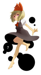 Rule 34 | 1girl, ascot, bad id, bad pixiv id, barefoot, blonde hair, from side, full body, funnyfunny, hair ribbon, leg lift, red eyes, ribbon, rumia, solo, thighs, touhou, white background