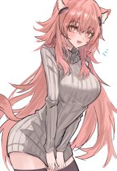 Rule 34 | 1girl, :d, absurdres, animal ear fluff, animal ears, arknights, black thighhighs, blush, breasts, bright pupils, clothing cutout, cowboy shot, dress, gravel (arknights), grey dress, grey sweater, highres, large breasts, long hair, long sleeves, looking at viewer, open mouth, orange eyes, pink hair, ribbed sweater, shino duka, smile, solo, sweater, sweater dress, tail, tail through clothes, thighhighs, very long hair, zettai ryouiki