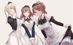 Rule 34 | 3girls, alternate costume, apron, aquila (kancolle), blonde hair, blue eyes, breasts, brown eyes, brown hair, frills, graf zeppelin (kancolle), kantai collection, large breasts, looking at viewer, maid, maid apron, maid headdress, medium breasts, multiple girls, neckerchief, open mouth, ponytail, puffy sleeves, red neckerchief, rokuwata tomoe, saratoga (kancolle), smile, standing, waist apron