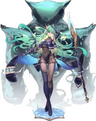 Rule 34 | 1girl, aqua hair, ark order, black thighhighs, bodystocking, book, boots, cthaat (ark order), cthulhu mythos, ear piercing, earrings, elbow gloves, extra teeth, faux figurine, full body, gloves, green hair, hand on own head, highres, horns, ink, jewelry, leotard, long hair, looking at viewer, magic circle, necklace, official art, piercing, pointy ears, purple footwear, purple leotard, purple vest, single boot, single thigh boot, staff, standing, tachi-e, tentacles, thigh boots, thighhighs, transparent background, very long hair, vest, water, you ni ge shaobing