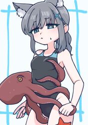 Rule 34 | 1girl, animal ear fluff, animal ears, black one-piece swimsuit, blue archive, blue eyes, breasts, commission, competition swimsuit, cross hair ornament, extra ears, grey hair, hair ornament, halo, highres, low ponytail, medium breasts, medium hair, mismatched pupils, multicolored clothes, multicolored swimsuit, octopus, official alternate costume, one-piece swimsuit, shiroko (blue archive), shiroko (swimsuit) (blue archive), standing, starfish, swimsuit, toriton, translation request, wolf ears