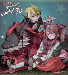 Rule 34 | 1boy, 1girl, bishounen, brown hair, cake, closed mouth, coma (macaron), dress, ear covers, faize scheifa beleth, food, green hair, long hair, lymle lemuri phi, official alternate costume, open mouth, pantyhose, pointy ears, purple eyes, sleeping, star ocean, star ocean the last hope, twintails