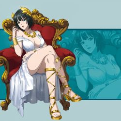 Rule 34 | 1girl, bracelet, breasts, cleavage, feet, female focus, fubuki (one-punch man), goddess robe, green eyes, green hair, high heels, jewelry, large breasts, laurel crown, necklace, official art, one-punch man, sandals, upskirt