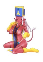 Rule 34 | 1girl, blush, boots, breasts, buri, chunsoft, colored skin, cosplay, dragon quest, dragon quest iii, dragon quest x, enix, gloves, hat, highres, horns, large breasts, long hair, mitre, navel, nipples, ogre (dq10), panties, pointy ears, priest (dq3), priest (dq3) (cosplay), red eyes, red skin, see-through, simple background, sitting, slime (dragon quest), smile, solo, strap pull, tabard, tail, tattoo, underwear, wariza, white background, white hair