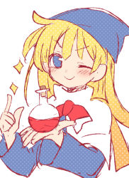 Rule 34 | blonde hair, blue dress, blue eyes, blue headwear, bottle, bow, capelet, dress, hat, highres, holding, holding bottle, long hair, long sleeves, one eye closed, polka dot, puyopuyo, red bow, simple background, smile, sparkle, v-shaped eyebrows, white background, white capelet, witch (puyopuyo), xox xxxxxx