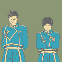 Rule 34 | 2boys, amestris military uniform, arms behind back, beard, black eyes, black hair, blue eyes, cowboy shot, crossed arms, facial hair, fullmetal alchemist, glasses, grey background, height difference, looking at another, maes hughes, male focus, mattsu, military, military uniform, multiple boys, roy mustang, short hair, side-by-side, simple background, smile, standing, uniform, upper body