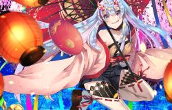 Rule 34 | 1girl, bare shoulders, bell, blue background, blue hair, breasts, cherry blossoms, detached sleeves, hair between eyes, highres, horns, jingle bell, lantern, light blue hair, oil-paper umbrella, oni horns, original, paper lantern, parasol, pink background, pink eyes, red background, red umbrella, sandals, small breasts, smile, solo, thighhighs, umbrella, unmoving pattern, white thighhighs, wide sleeves, yatano (ytn)