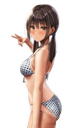 Rule 34 | 1girl, bikini, brown eyes, brown hair, commentary request, cowboy shot, highres, looking at viewer, mole, original, polka dot, polka dot swimsuit, sideways, simple background, solo, swimsuit, tan, tanline, twintails, v, white background, yukemuriganmo