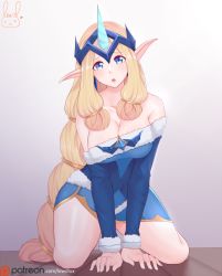 Rule 34 | 1girl, all fours, alternate costume, alternate hair color, bare shoulders, blonde hair, blue eyes, blue horns, breasts, cleavage, commentary, crown, english text, horns, kneeling, large breasts, league of legends, lewdlux, long hair, long sleeves, looking at viewer, multi-tied hair, on ground, open mouth, patreon logo, patreon username, pointy ears, single horn, solo, soraka (league of legends), very long hair, winter, winter clothes, winter wonder soraka, wood