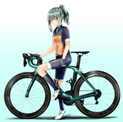 Rule 34 | 1girl, alternate costume, bianchi (company), bicycle, bike shorts, blue gloves, blue socks, breasts, brown eyes, fingerless gloves, from side, full body, gloves, gradient background, green background, green hair, highres, kantai collection, kazu (really in hot water now), kneehighs, looking at viewer, ponytail, short sleeves, sidelocks, simple background, small breasts, socks, solo, white footwear, yuubari (kancolle)