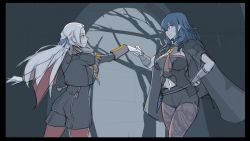 Rule 34 | 2girls, bad id, bad pixiv id, blue hair, byleth (female) (fire emblem), byleth (fire emblem), clothing cutout, dancing, edelgard von hresvelg, eye contact, fire emblem, fire emblem: three houses, garreg mach monastery uniform, hand on own hip, holding hands, pantyhose under shorts, long hair, looking at another, mikoyan, multiple girls, navel, navel cutout, nintendo, pantyhose, red legwear, shorts, smile, stomach, white hair, yuri