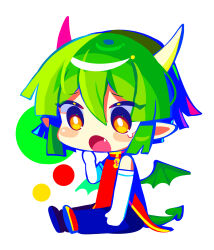 Rule 34 | 1girl, black pants, blush, brown eyes, chibi, china dress, chinese clothes, draco centauros, dragon girl, dragon horns, dragon tail, dragon wings, dress, elbow gloves, fang, full body, gloves, green hair, highres, horns, offbeat, pants, pointy ears, puyopuyo, red dress, short hair, simple background, sitting, sleeveless, sleeveless dress, solo, tail, tearing up, white background, white gloves, wings