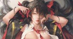 Rule 34 | 1girl, arms up, bad id, bad pixiv id, black hair, breasts, brown eyes, cloak, collared shirt, commentary request, crying, crying with eyes open, g-tz, girls&#039; frontline, glint, hair between eyes, hair ribbon, hand on own face, highres, jewelry, lips, long hair, looking at viewer, lying, medium breasts, necktie, on back, open clothes, open shirt, ornate ring, parted lips, pink lips, red lips, red necktie, red ribbon, ribbon, ring, shirt, sidelocks, sleeveless, sleeveless shirt, solo, tears, twintails, type 97 (girls&#039; frontline), upper body, wedding ring, white shirt