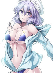 Rule 34 | 1girl, alternate costume, bare shoulders, bikini, bikini under clothes, blue bikini, breasts, cleavage, closed mouth, collarbone, commentary request, cowboy shot, hair between eyes, head scarf, highres, hood, hoodie, large breasts, letty whiterock, long sleeves, looking at viewer, navel, off shoulder, open clothes, open hoodie, purple eyes, purple hair, short hair, smile, solo, stomach, swimsuit, touhou, y2