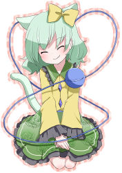 Rule 34 | 1girl, absurdres, animal ears, bow, cat ears, cat girl, cat tail, closed eyes, female focus, floral print, green hair, hair bow, highres, kemonomimi mode, komeiji koishi, lossofblood, no headwear, skirt, smile, solo, tail, third eye, touhou