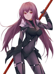 Rule 34 | 1girl, arm behind back, armor, bad id, bad pixiv id, bodysuit, breasts, covered navel, cowboy shot, fate/grand order, fate (series), gae bolg (fate), highres, holding, holding weapon, long hair, polearm, purple bodysuit, purple eyes, purple hair, scathach (fate), scathach (fate), shoulder armor, simple background, solo, spear, weapon, white background, zen33n