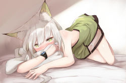 Rule 34 | 1girl, animal ear fluff, animal ears, arknights, bare arms, bare shoulders, bed sheet, blush, dress, green dress, green eyes, highres, kal&#039;tsit (arknights), kashiyarrm, looking at viewer, short dress, silver hair, solo, strapless, strapless dress, thighs, top-down bottom-up, watch, white background, wristwatch