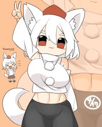 Rule 34 | &gt; &lt;, 1girl, :3, :d, animal ear fluff, animal ears, arm up, black skirt, breasts, chibi, chibi inset, closed mouth, commentary request, cookie (touhou), cowboy shot, dated, detached sleeves, fang, hair between eyes, hat, highres, inubashiri momiji, large breasts, lets0020, looking at viewer, medium bangs, open mouth, orange background, pom pom (clothes), red eyes, shirt, short hair, simple background, skirt, sleeveless, sleeveless shirt, smile, tail, tokin hat, touhou, v, web (cookie), white hair, white shirt, white sleeves, wolf ears, wolf girl, wolf tail, xd, zoom layer