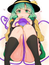 Rule 34 | 1girl, black hat, black socks, blouse, closed mouth, commentary request, convenient censoring, eyeball, feet out of frame, frilled shirt collar, frills, gradient background, green eyes, green hair, green skirt, hat, hat ribbon, heart, heart of string, hekiga (freelot), highres, kneehighs, knees up, komeiji koishi, looking at viewer, medium hair, no panties, partially visible vulva, pink background, ribbon, shirt, simple background, sitting, skirt, smile, socks, solo, third eye, touhou, wavy hair, wide sleeves, yellow ribbon, yellow shirt