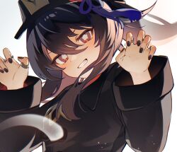 Rule 34 | 1girl, black hat, black jacket, black nails, brown hair, claw pose, dot nose, double-parted bangs, floating hair, flower-shaped pupils, genshin impact, grin, hair between eyes, hands up, hat, hat tassel, highres, hu tao (genshin impact), jacket, jewelry, long hair, long sleeves, looking at viewer, mochimiya (coyo), multiple rings, porkpie hat, portrait, red eyes, ring, smile, solo, symbol-shaped pupils, thumb ring, v-shaped eyebrows, white background