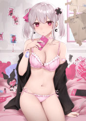 Rule 34 | 1girl, bandaid, bare shoulders, bed sheet, black shirt, blush, bra, breasts, cleavage, collarbone, crescent, crescent earrings, ear piercing, earrings, fingernails, frilled bra, frilled panties, frills, handheld game console, heart, highres, indoors, jewelry, kanju, long fingernails, long sleeves, looking at viewer, medium breasts, mole, mole under eye, multicolored nails, nail polish, navel, off shoulder, on bed, open clothes, open shirt, original, panties, parted lips, piercing, pink bra, pink panties, pink ribbon, ribbon, sack, shirt, short hair, short twintails, side-tie panties, silver hair, sitting, smile, solo, stomach, stuffed toy, twintails, underwear, underwear only, wristband, yami kawaii