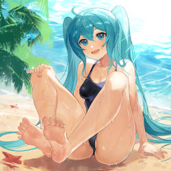 Rule 34 | 1girl, :d, ahoge, barefoot, beach, blue eyes, blue hair, breasts, cleavage, foot focus, foreshortening, full body, hand on own knee, hatsune miku, highres, knees up, leaf, long hair, looking at viewer, one-piece swimsuit, open mouth, sand, school swimsuit, sitting, small breasts, smile, soles, solo, starfish, swimsuit, thighs, twintails, very long hair, vocaloid, water, wet, yayako (804907150)