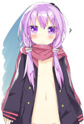 Rule 34 | 1girl, ?, absurdres, artist request, bad id, bad nicoseiga id, blush, coat, hair ornament, highres, hood, hooded jacket, jacket, long hair, looking at viewer, naked coat, navel, open clothes, open jacket, out-of-frame censoring, purple eyes, purple hair, scarf, solo, twintails, vocaloid, voiceroid, yuzuki yukari
