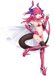 Rule 34 | 1girl, armor, bad id, bad pixiv id, bikini, bikini armor, black sleeves, black thighhighs, blue eyes, bra strap, breasts, cape, detached sleeves, earrings, elizabeth bathory (brave) (fate), elizabeth bathory (fate), fang, fate (series), floating hair, full body, hair between eyes, hairband, hand on own hip, horns, jewelry, karokuchitose, long hair, long sleeves, looking at viewer, navel, pauldrons, pink hair, pixiv fate/grand order contest 1, pointy ears, red bikini, shoulder armor, sideboob, simple background, small breasts, solo, standing, swimsuit, tail, thighhighs, white background, white cape, white hairband