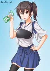 Rule 34 | 1girl, anti (untea9), black thighhighs, blue background, blue hakama, bottle, brown eyes, brown hair, commentary request, cowboy shot, gradient background, hakama, hakama short skirt, hakama skirt, hand on own hip, highres, japanese clothes, kaga (kancolle), kantai collection, long hair, looking at viewer, muneate, side ponytail, skirt, solo, spray bottle, standing, tasuki, thighhighs, tsurime