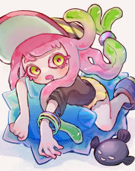 Rule 34 | 1girl, baseball cap, black shirt, bracelet, c.q. cumber (splatoon), clownfish, colored eyelashes, drooling, fish, green eyes, green hair, harmony&#039;s clownfish (splatoon), harmony (splatoon), hat, jewelry, long hair, lying, miniskirt, multicolored clothes, multicolored footwear, multicolored hair, multicolored headwear, nintendo, no nose, on stomach, open mouth, pink hair, pleated skirt, sea cucumber, shirt, short sleeves, simple background, skirt, splatoon (series), splatoon 3, striped clothes, striped headwear, tebasaki (teba illust), tentacle hair, tropical fish, two-tone hair, white background, yellow skirt