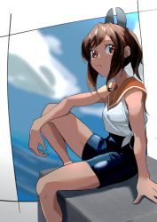Rule 34 | 1girl, absurdres, blue one-piece swimsuit, brown eyes, brown hair, competition school swimsuit, hato kan, highres, i-401 (kancolle), kantai collection, looking at viewer, medium hair, one-piece swimsuit, orange sailor collar, ponytail, sailor collar, school swimsuit, shirt, side-tie shirt, sitting, sleeveless, sleeveless shirt, solo, swimsuit, tan